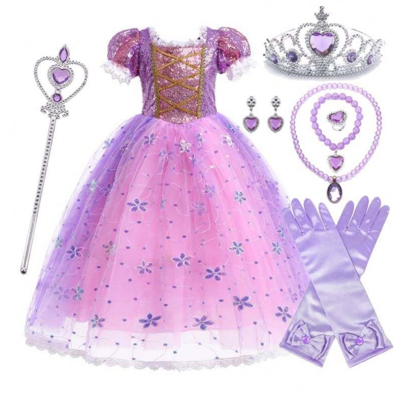 Cailíní Banphrionsa Éadaí Rapunzel Puff Sleeve Sleeve Sequin Gúna Corple Corcra le Accessories HCRS-007