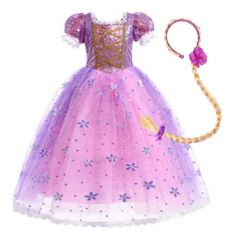 Cailíní Banphrionsa Éadaí Rapunzel Puff Sleeve Sleeve Sequin Gúna Corple Corcra le Accessories HCRS-007