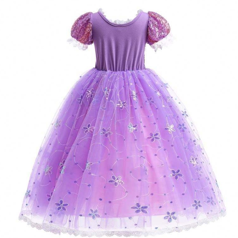 Cailíní Banphrionsa Éadaí Rapunzel Puff Sleeve Sleeve Sequin Gúna Corple Corcra le Accessories HCRS-007