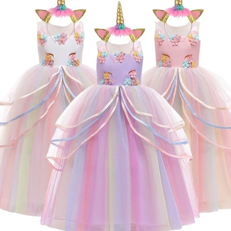 Baige Díolachán Te Rainbow Gúnaí Cóisir Unicorn Leanaí Leanaí Gúna Cailín Bláthanna Le Headband