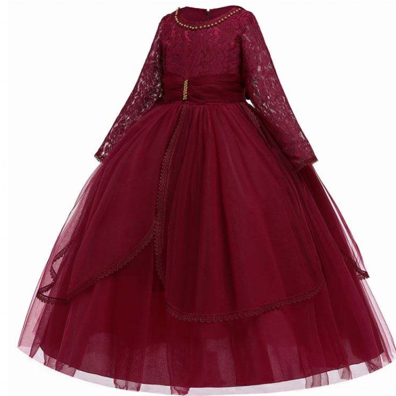 Sraitheanna banphrionsa muinchille fada baige baige maroon tulle cailíní lá breithe gúnaí cóisir lása gúna cailín bláthanna
