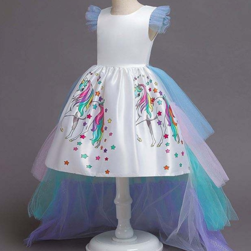 2020 Páistí Samhraidh Sleeveless Rainbow Banphrionsa Páirtí Breithlá Unicorn Gúna Puffy le Headband DJS100