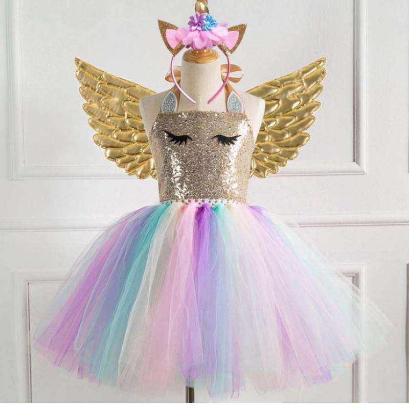 Díolachán te baige cailínínua cailíní unicorn banphrionsa cóisir lá breithe gúna bainise